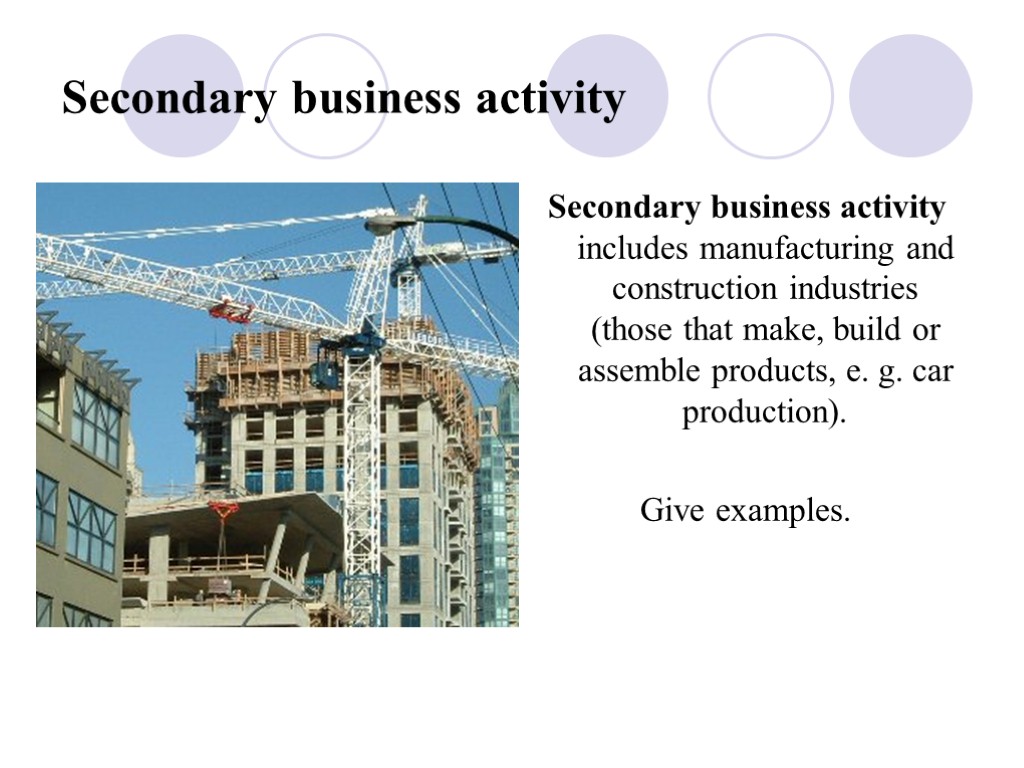 Secondary business activity Secondary business activity includes manufacturing and construction industries (those that make,